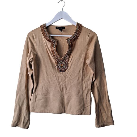 INC Mustard Gold Beaded Long Sleeve Slit Front Sweater / Knit Top - M - Picture 1 of 10